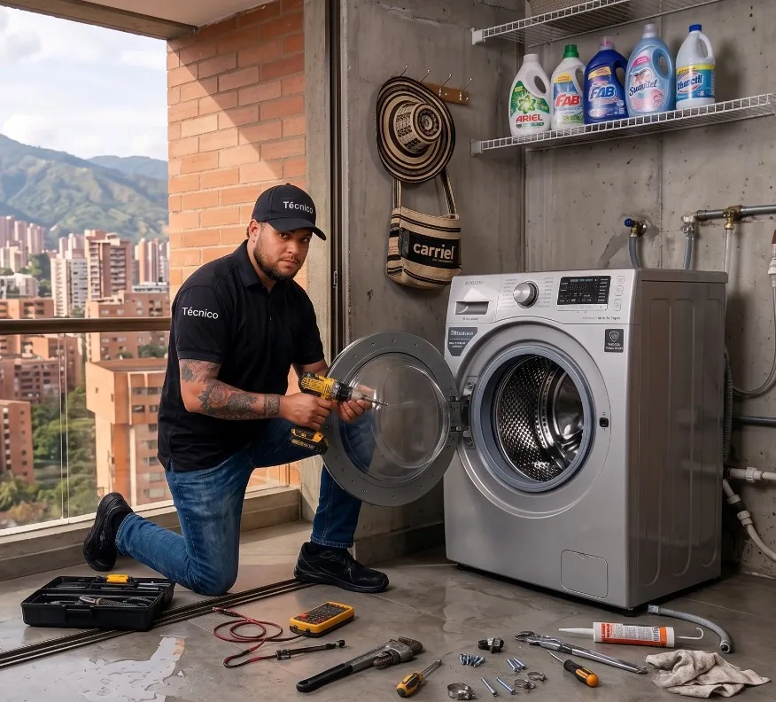 Técnico reparando una lavadora Samsung a domicilio en La Estrella, Antioquia