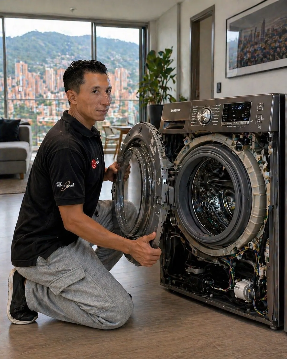 Técnico reparando una lavadora Samsung a domicilio en Robledo, Medellín
